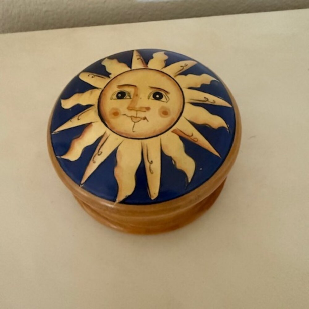 Vintage Celestial Sun Face Wood Trinket Box Blue Gold Rays Folk Art Style